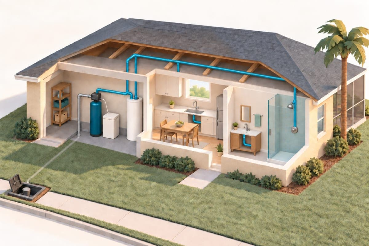 Cutaway illustration of a single-story Florida home, showing water piped from the street meter through a softener in the garage to every tap in the house.